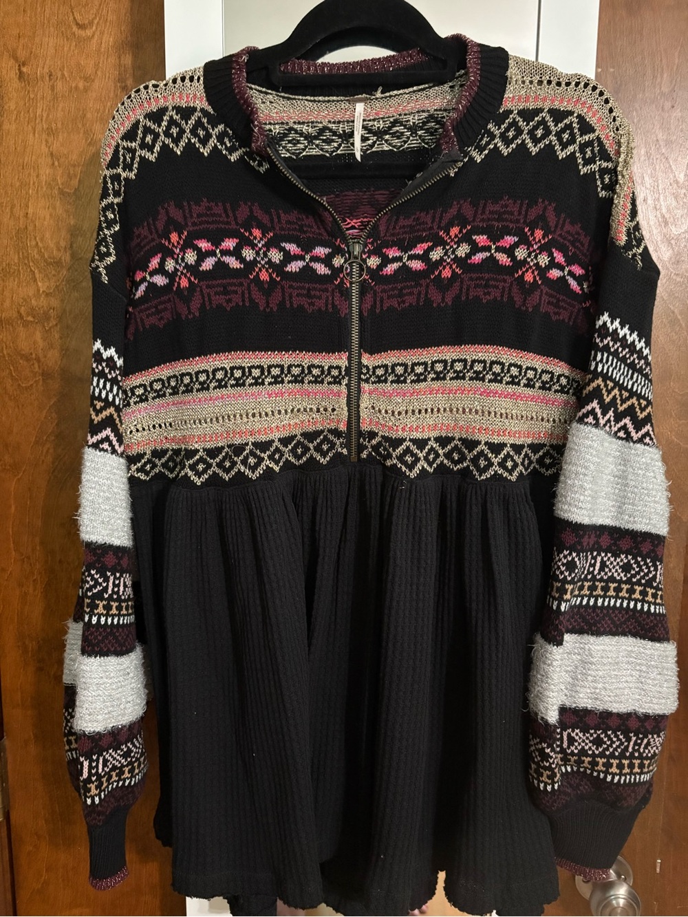 Free People Black Knit Sweater with Pink and Burgundy Fair Isle Detail